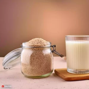 Un vaso de leche junto a un tarro de granos de quinoa.