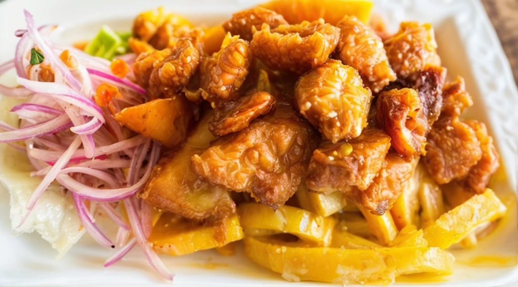 Chicharrón de pescado peruano dorado, acompañado de yucas fritas, camotes y salsa marina fresca.